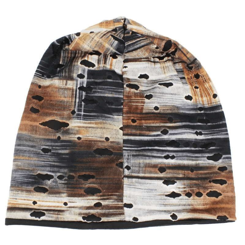 Unisex fashion warm thin baggy beanie with holes, geometric pattern in brown and black, made of polyester, ideal for casual wear.